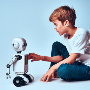 content marketing und chatgpt ein kleiner junge spielt und kümmert sich mit einem kleinen roboter mit künstlicher intelligenz